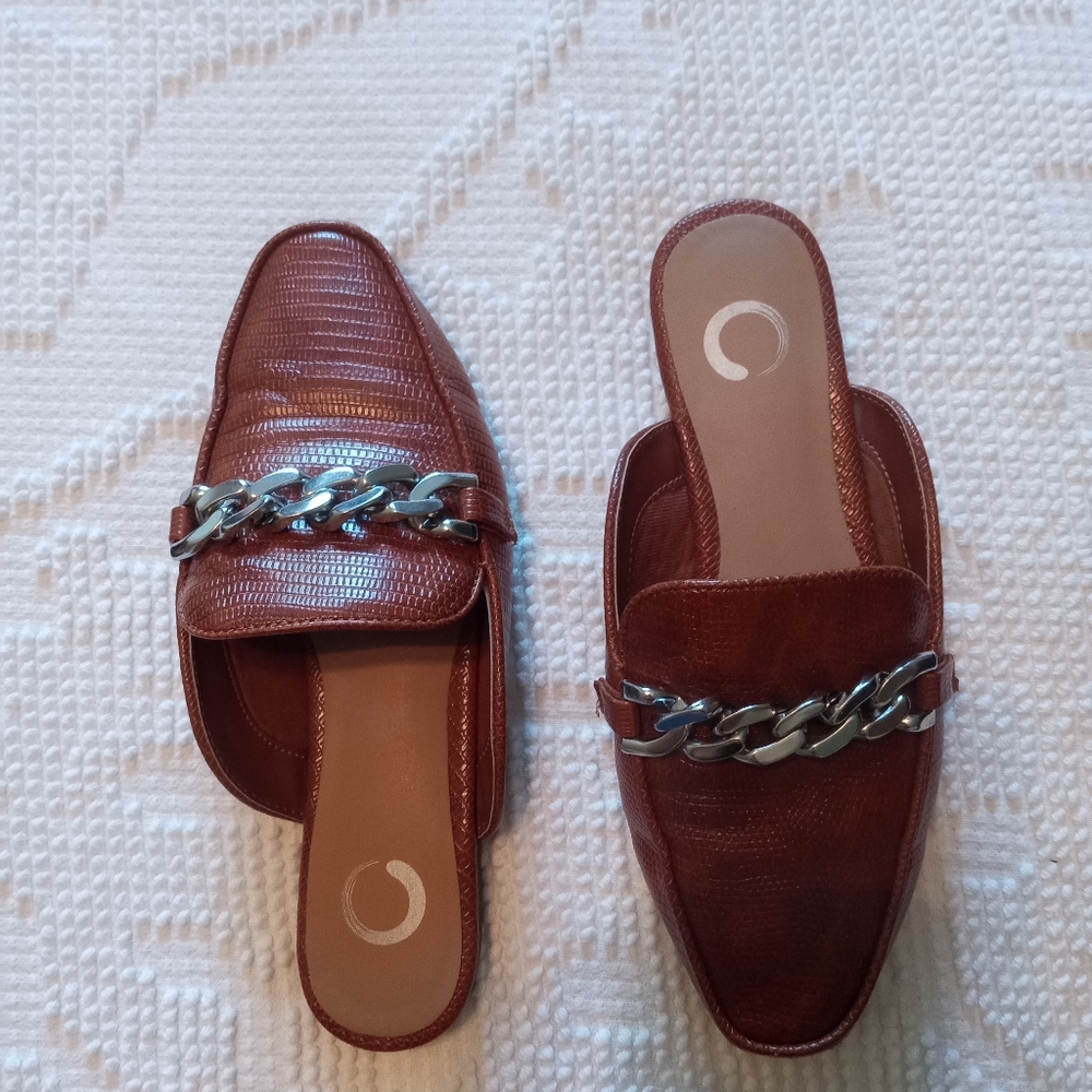 Brown leather slip on loafers